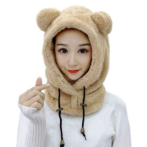Mũ Thú Tai Gấu Dễ Thương 3 Trong 1 Giữ Ấm Mùa Đông Có Khẩu Trang Và Khăn Choàng Cổ Siêu Mềm Mại Dạng Trùm Đầu