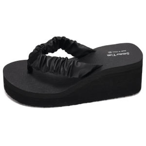 [Free Shipping] 7CM Height-Increasing Platform Sandals For Women Summer Outdoor Wear With Pleated Elastic Straps Thick Soles Beach Shoes And Wedge Heels