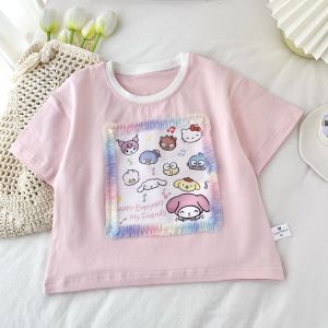 Girls T-Shirt 2025 Summer New Style Childrens Top Cute Printed Rainbow Skirt Short Sleeves