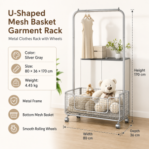 Clothes Rack with Wheels and Storage Basket Silver Metal Garment Hanger Stand 60/80/120cm