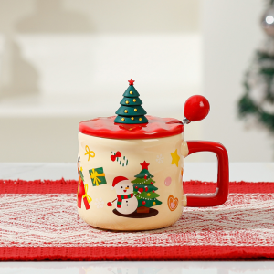 🎄 แก้วเซรามิค Christmas พร้อมฝา และช้อน ขนาด 380 ml