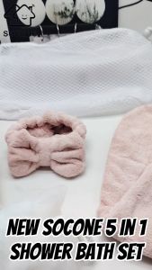Socone 5-in-1 Coral Fleece Shower Set includes an adjustable bath skirt hair drying cap hair tie bath sponge and laundry net bag. This one-size-fits-all non-slip absorbent and quick-drying shower set is suitable for home bathrooms and travel
