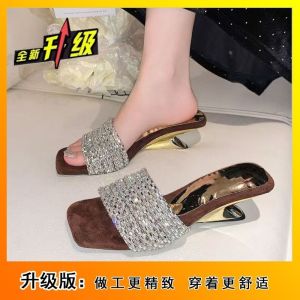 [Free Shipping] 2026 Summer New Design Rhinestone Sandals Light Luxury Outdoor High-Heeled Slip-On Sandals For Women Chunky Heel Wedge Sandals