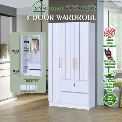⏰ Almari Baju 3 Pintu Terkini Murah Hurry Promo🔥DIY REQUIRED or FULL INSTALLATION/ASSEMBLY SamPoint_Modern Design 3 Door Wardrobe/BeigeWhiteColumbiaBrownGrey Colour/Quality Stylish Simple Minimalis(BilikRoom)Ready Stock