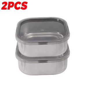2Pcs Stainless Steel Fresh-keeping Box with Sealed Lid Picnic Salad Bowl Lunch Bento Boxes Portable Fridge Food Storage Container