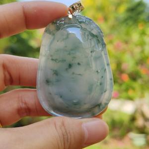 Double Dragon Floating Green Flower clouds 18k gold Natural Type A Jadeite pendant with NGI Gemstone report carved as wu shi pai weight 34.82 grams 53.06 * 38.86 * 9.37 mm Translucent Very Fine Grain with patches of bluish green (18kp3)