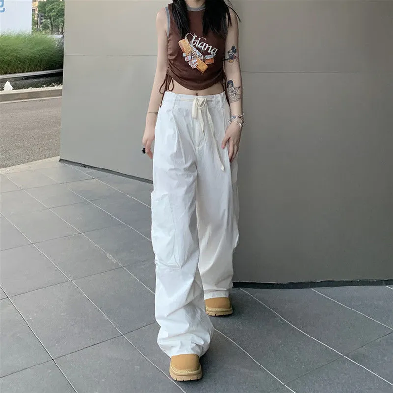 Y2K Casual Cargo Pants Women Streetwear Pull the rope Loose Wide Leg  Straight Trousers Fashion Ladies Oversize Sweatpants overalls