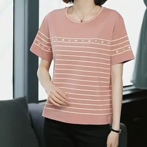 K&WM Cotton T-Shirt for Women Style Stripe Short Sleeve Round Neck Plus Size T-shirts
