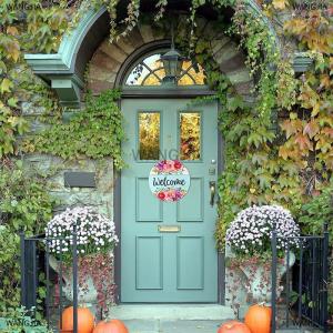 [COD] WANGJIA Flower Wooden Hanging Sign Welcome Watercolor Floral Door Sign 11.8 x11.8 Circle Farmhouse Rustic Front Door Hanger Sign