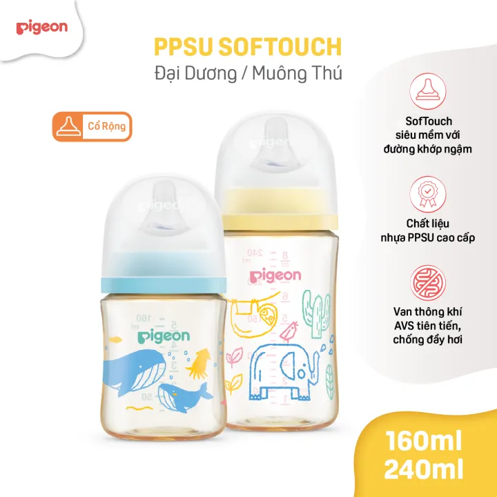 Bình PPSU chống đầy hơi Pigeon cổ rộng cho bé sơ sinh siêu mềm chống sặc cho trẻ 160ml/240ml chính hãng