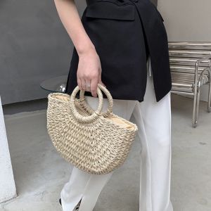Yogodlns Straw Bags for Women Summer Handmade Half Moon Beach Wild Totes Casual Handbags