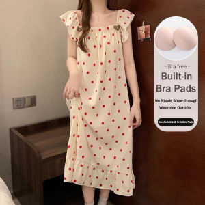 Korean Casual Summer Soft Cotton Polka Dot Womens Nightdress Wearable and Breathable Loungewear