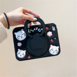 For Apple iPad 10th 9th 8th 7th 6th 5th Air Pro 3rd 4th 10.9" 10.2" 9.7" 10.5" 11.0" Mini 1 2 3 4 5 6th Gen 7.9" 8.3" Kids Tablet 360° Rotating Cute Lucky Cat Silicone Handle Stand Pen Slot Case Cover