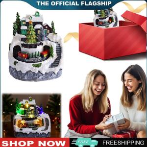 [ZENLEA6] Resin Christmas Village Figurines Light Up Musical Village Rotating Statue Home Desktop Decor Christmas Kid Gift