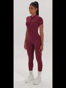 Shipped from China [BIN] European and American New Style Open Collar Zipper Padded Short Sleeve Jumpsuit Beautiful Back Fitness Sports Jumpsuit Tight Yoga Wear