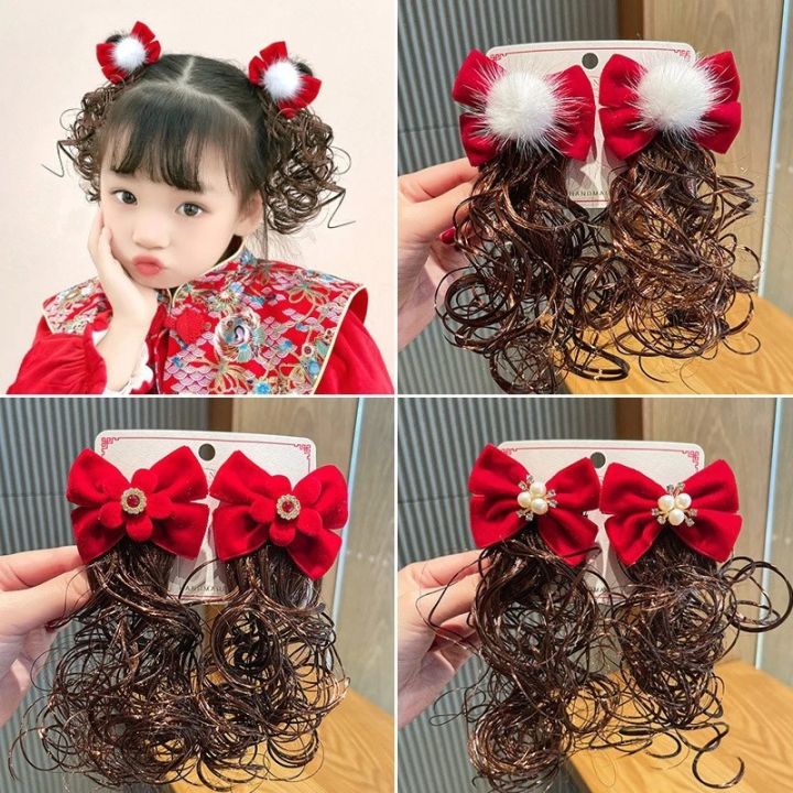 Pcs/Set Red Bow Girls Hair Clip Wig Curly Hair Accessories Cloth