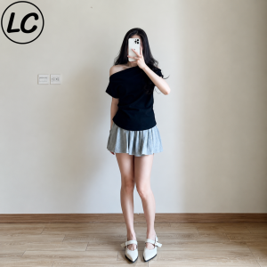 Áo thun lệch vai tay ngắn vải lông thỏ Áo phông xếp ly sườn nhún eo điệu đà form vừa Lucky Clothing