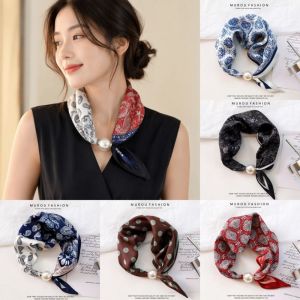 WININ Pearl Buckle Silk Scarf Breathable Printed Neck Scarf Fashion Thin ic Clasp Scarf for Women Accessories