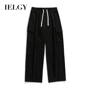 กางเกงลำลองผ้าลูกฟูก IELGY สำหรับผู้ชายฤดูใบไม้ร่วงและฤดูหนาวย้อนยุคหลวมชุดทำงานแบบมีกระเป๋าและกางเกงมีจีบที่เท้า