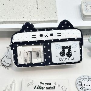 GOUPO Pixel Music Not Print Pencil Case Cat Ear Design Large Capacity Pencil Pouch Kawaii Pen Bag Gift