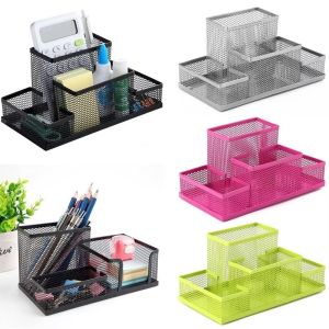 TEWUB 3/4 Grid Metal Mesh Pen Holder Large Capacity Hollowed-out Desk Stationery Organizer Ornament Space-Saving Storage Container Student Gift