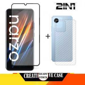 Promo Paket 2 in 1 Tempered Glass Realme C67 4G / Realme 11 4G 2023 / Realme C51 NFC / Realme C53 NFC / Realme Narzo 50i Prime 2022 Anti Gores Layar Tepi Hitam + Garskin Carbon Transparan