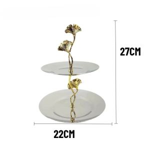 FFBH Nordic Modern Snack Plates Minimalist Round Double‑Tier Stainless Steel Metal Ginkgo Leaf Fruit Plates Household Tableware 9T1N6