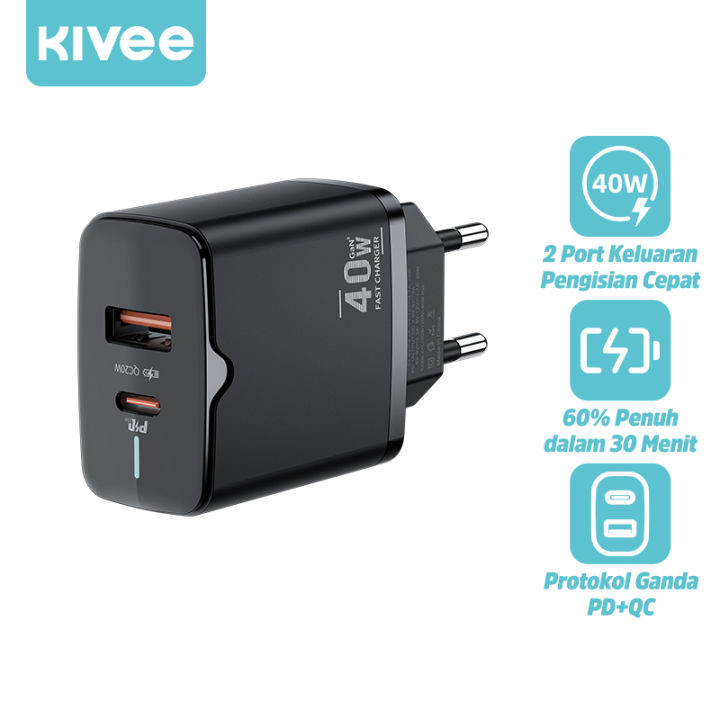 KIVEE Kepala Charger Quick Charger QC3.0 Type-C+USB 40W PD Fast Charge Charger Travel Fast Charging Untuk MFi iPhone14 13 pro Max 13/12/11/XS/XS Max/XR/X/8 /8 plus/7 plus