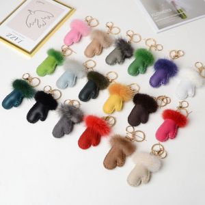 COSE Leather Little Glove Keychain Fluffy Cute Car Keyring Winter Key Decor Mink Hair Pendant
