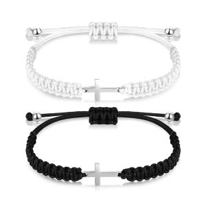 2Pcs Fashion Stainless Steel Cross Braided Bracelet Black White Simple Couple Hand Rope Women Men Adjustable Bangle Christian Souvenir