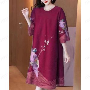 Jinli Flower and bird loose print pleated dress