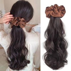 GUORE Korean Style Satin Scrunchie Wig Ponytail Curly Synthetic Long Wavy Ponytail Elegant Fake Pony Tail Hairpiece Girls