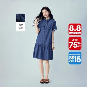 Giordano Women 100% cotton flounce hem denim midi dress Free Shipping 05466302