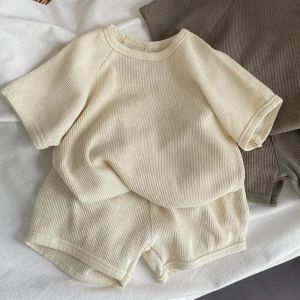 1-7Y Childrens Shorts Shirt Set Korean Boys Girls Short Sleeved Suit Waffle Style Baby Simple Trendy T-shirt Short Pants Set