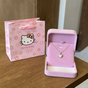 Quà tặng sinh nhật Kitty Vòng cổ bạc nữ tính đơn giản và dễ thương Hello Kitty Mặt dây chuyền chuỗi vòng xương đòn Quà Tặng trẻ em với Hộp quà tặng