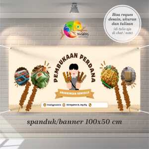 Cetak Spanduk Banner Krem Ilustrasi Ceria Pembukaan Angkringan