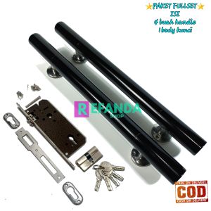 Set kunci handle pintu rumah dengan dua pegangan panjang 33cm dan 45cm termasuk kunci dan aksesori untuk pintu depan dan kamar.