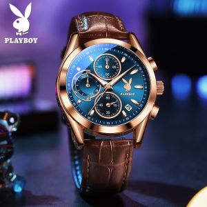 PLAYBOY 2024 ใหม่ของแท้นาฬิกาผู้ชายกันน้ำปฏิทินนาฬิกาควอตซ์สายหนังแท้มัลติฟังก์ชั่ส่องสว่างโครโนกราฟผู้ชายนาฬิกาสปอร์ต