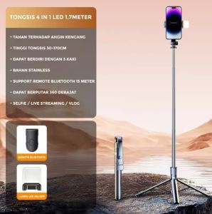 Tripod Tongsis R1S-L 170cm Bluetooth Remote Control Selfie Stick 4IN1 360° Rotation Adjustable+Lampu