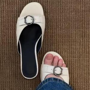 [Free Shipping] Korean-Style Niche Chunky-Heeled 4Cm Open-Toe Sandals With Metal Buckle WomenS Summer Slip-On Casual Half-Slipper
