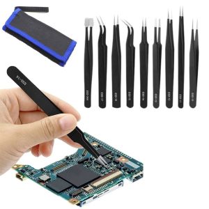 SUGAR PLUMGUI 9/10pcs Hand Tools Precision Tweezers Set Curved/Straight Design Durable Industrial Repair Tools Household Black Maintenance Tools Electronic Repair