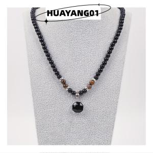 HUAYANG01 [HOT FASHION] Black Beads With Square Pendant Necklace For Men Trendy Accessories Jewelry Male Gift Decoration