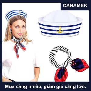 【CANAMEK】 Phụ Nữ Nhỏ Vuông Khăn Thủy Thủ Cap Set Tiếp Viên Sọc Chắp Vá Satin Khăn Với Lễ Hội Giáng Sinh Sọc Hải Quân Thủy Thủ Cap