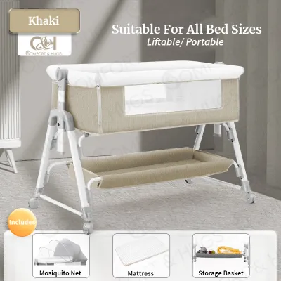 Comfort and Hugs Baby Bedside Crib Adjustable Height Portable Crib with Wheels Airflow Mesh 4-Position Height Adjustment Mosquito Net Storage Basket Easy to Assemble Newborn/Infant 3-in-1 Bedside Bassinet Rocking Bassinet Easy Folding Baby Crib