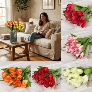 LUXURYLYN 12 Heads Tulip Artificial Flower Green Leaves Multicolor Faux Flower Creative Photo Props Simulation Tulip Flower Home Decoration
