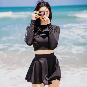 COD Women Long Sleeve Swimming Suit Skirt Swim Wear Black Swimsuit Beachwear