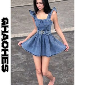 GHAOHES ชุดเดรสยีนส์สีน้ำเงิน👗 รุ่นใหม่สำหรับฤดูร้อน สไตล์วินเทจแฟชั่นดูผอมเอวเข้ารูป ไหล่เปลือกแขนกุด เหมาะสำหรับผู้หญิง ขนาด S-XL