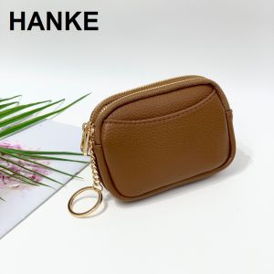 HANKE 2 Zipper Compartment Coin Holder PU Leather Coin Purse Mini Wallet with Ring Chain