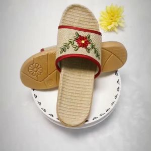 [Free Shipping] Hao MenglinS New Summer Embroidered Linen Slippers Casual Home Flat Slippers Sweat-Absorbing And Non-Slip Linen Shoes For Women