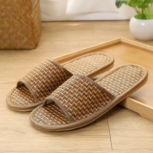 草编凉拖 Cool Slippers Bamboo Woven Rattan Straw Spring Summer Couples Non-slip Home Indoor Wooden Sole Men Women Sandals Slip-ons